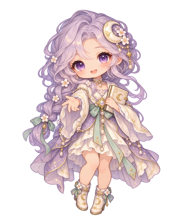 Luna with lavender hair, moon accessories and a small book